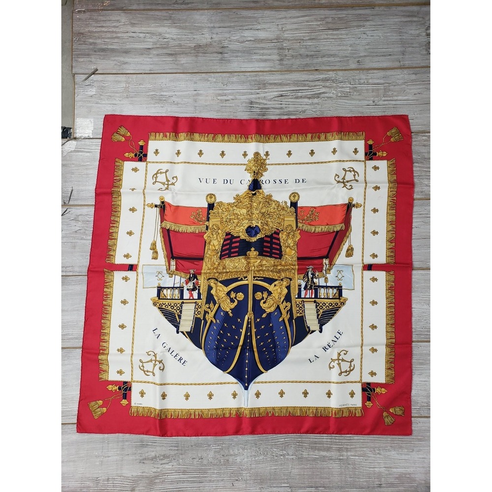 Hermès Vue du Carrosse de La Réale Silk Scarf 35x35 Red Navy Gold White